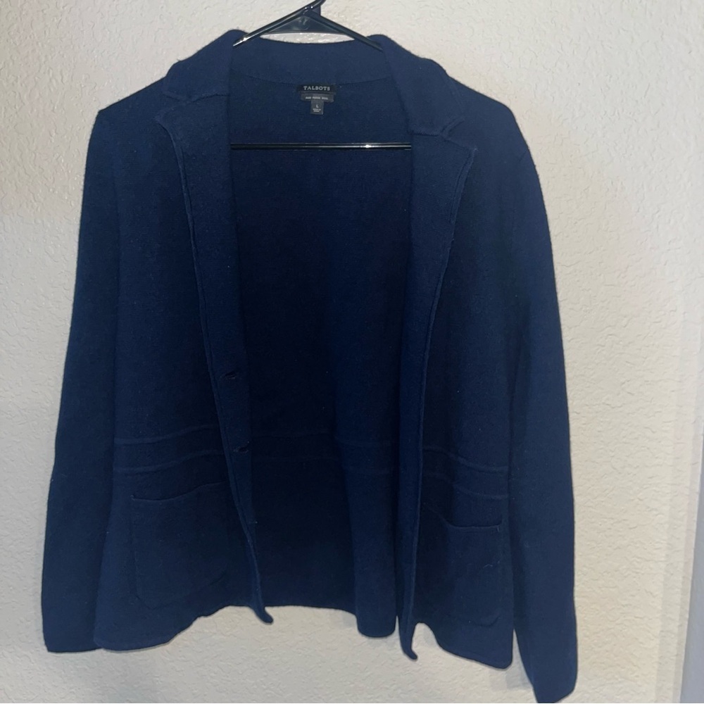 Talbots 100% Pure Merino Wool Navy Button Up Cardigan Size Large